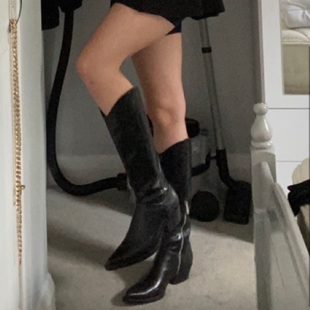 Zara Cowboy Heeled Boots Black Faux Leather